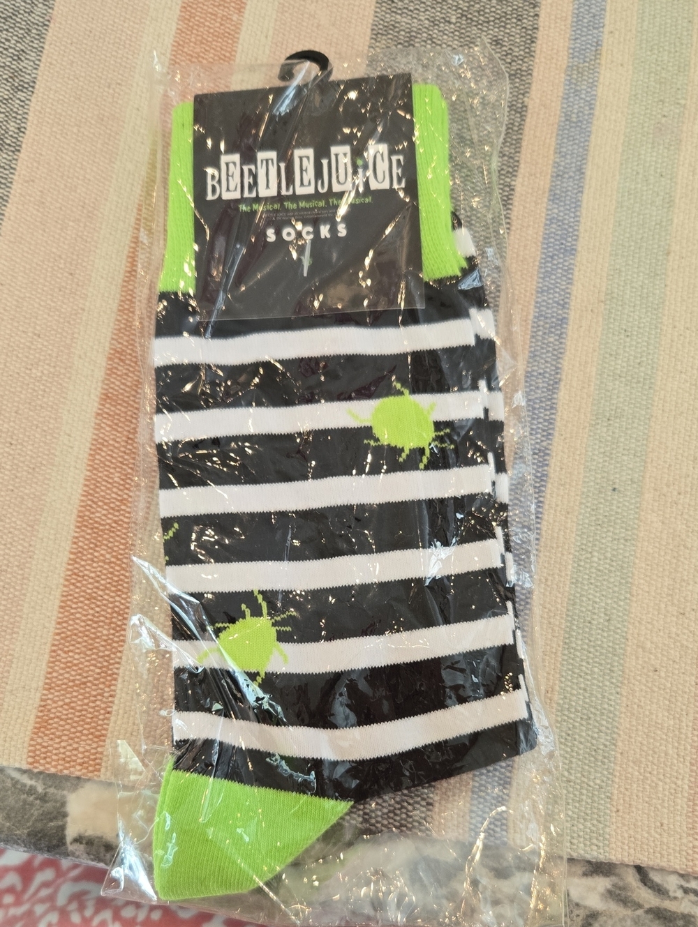 Women's Black & White Stripe Socks with Neon Green Accents